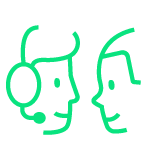 Green outline of two people looking at each other, one has headphones with a mic, the other does not.